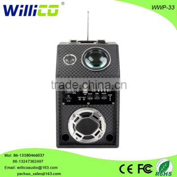 Hot sale USB/SD/FM powered wooden battery speaker with colorful light and RC