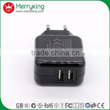 EU plug Merryking wholesale 5V2.1A dual USB charger CE/GS/CB approved power adapter