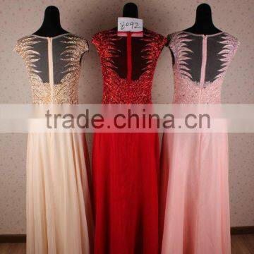 Exquisite Beaded Sexy Embroidered Backless Pleated Cap Sleeveless Evening Gown Formal Dress Patterns for Girls