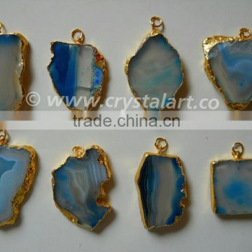 Blue Onyx Natural Design Electroplated Slices Pendants