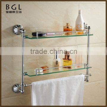 Multi-purpose Tranquil Zinc alloy Polished chrome Bathroom Hardware Wall mounted Double Glass Tier Shelf