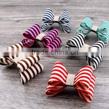 High quality stripe satin bowknots rhinestone center designer baby headbands