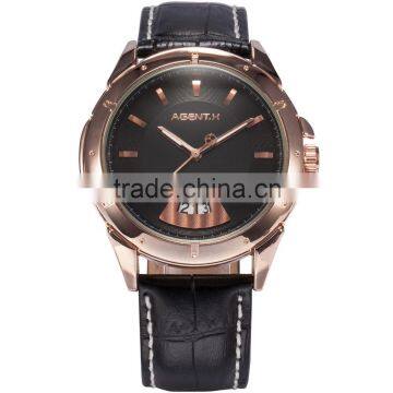 Stainless Steel lack Dial Analog Date Leather Strap Quartz Men Watch