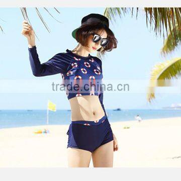 Blue three pieces long sleeve print girl women swimming jammer sets