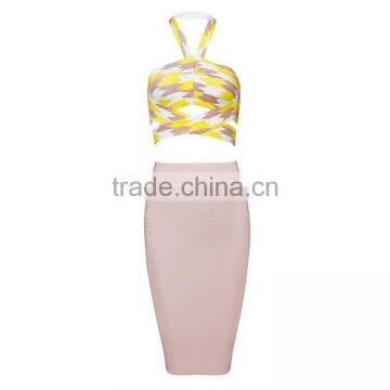 Halter Patchwork 2 Piece Set Knee Length Jacquard High Quality Rayon 2015 New Fashion Bodycon HL Night Wear Slim Bandage Dress photo-3