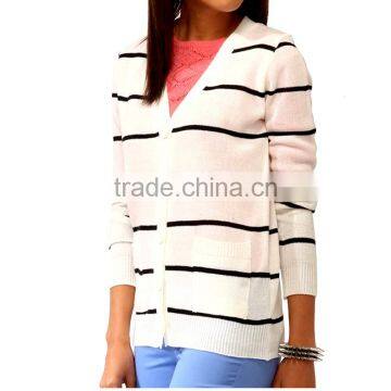 Boyfriend Style Y Neck Button up Stripe Cardigan 2015 Woman With Patch Pockets photo-2