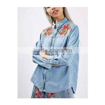 Runwaylover EY2349B Europe Style 2017 Ladies Embroidery Washed Denim Blouse