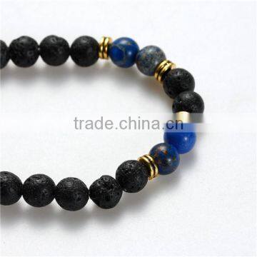 New Fashion Stone Lava Lapis Lazuli Beaded Healing Bracelet Black Gold Tone Antique Gold Elastic photo-2