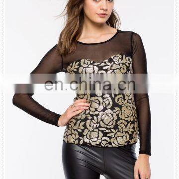 OEM Cheap Fancy Gold-toned Sequins Long Sleeves Women Floral Top Blouse photo-2
