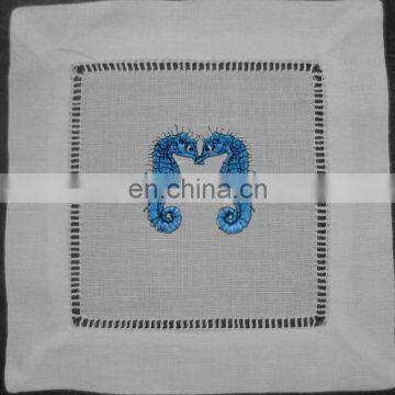 100% pure linen cocktail napkins with sea horse embroidery