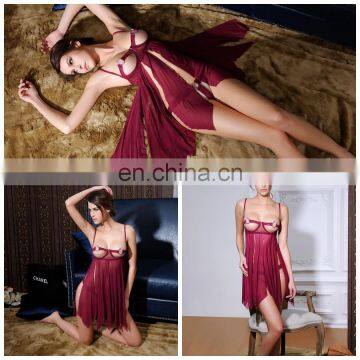 Wine red split side sexy mature woman lingerie