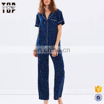OEM factory short sleeves navy white star print waistband pajamas for women