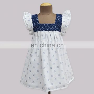 White and Navy Medallion Angel Sleeve Dress for kids