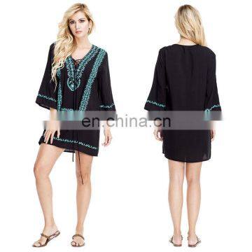 Cotton Black Embroidery Beach Cover up Playeros Sexy cover up Swimwear Kimono de Plage Bikini Cover ups Sarong Beachwear Tunic