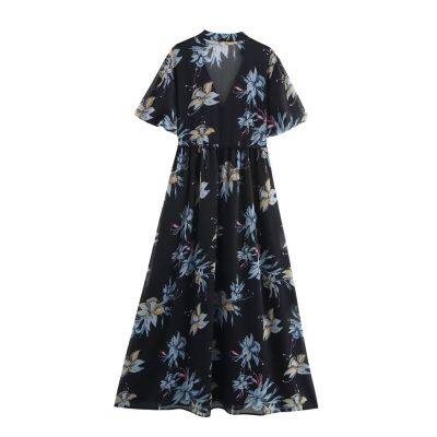 Nuevo vestido de manga corta estampado de cuello en V y manga burbuja para mujeres de estilo euroamericano de la primavera de 2025