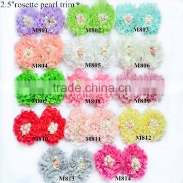 2.5'' Rosette pearl trim flower with pearl bead sold by yard