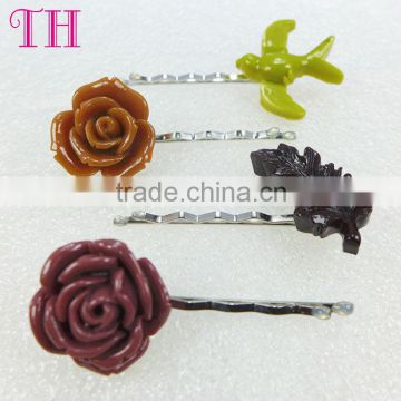 whoelsale girls hair accessories resin brown flower shape metal hair clip bun hair pin names