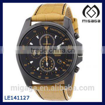 Chronograph Black Dial Black PVD Tan Leather Mens Watch Black PVD