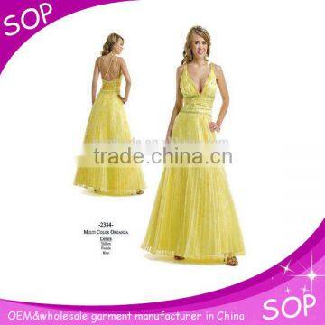 Hot sale polyester organza fabric yellow sexy dresses evening with halter low back