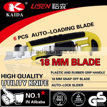 Plastic with rubber grip handle 6 PCS Auto Loading Blade Utility Cutter Knife