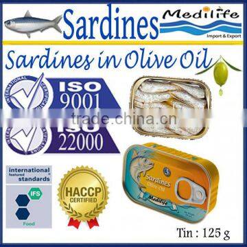 Sardines in Olive Oil ,Sardine in Olive Oil canned, 100% High Quality of Sardine, Fresh Sardines with Virgin Olive Oil,125 g