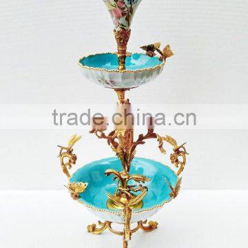 Floral Painting Multilayer Porcelain Fruit Bowl With Bronze Angel Support, Blue & White Porcelain With Brass Compote