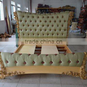 Italy Rose Carving Green Fabric Upholstered King Size Bed/ Baroque Style New Design Bedroom Furniture/Romatic Wooden Wedding Bed photo-5