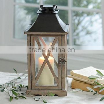 White Wash Wood candle holder lantern With Metal Dome Top