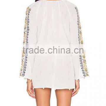 Boho Clothing Embroidered Cotton Mini Dress With Pom Pom Fringe 2016 HSD5810 photo-3