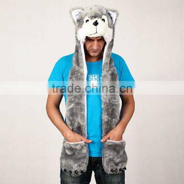 2013 Popular Faux Fur Long Full Grey Husky Hat With Scarf Paws Claws