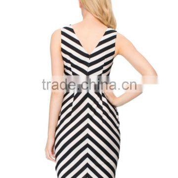 Slim Fit v Neck Stripe Print Clothing Wholesale Lady Dress Cotton Design photo-4