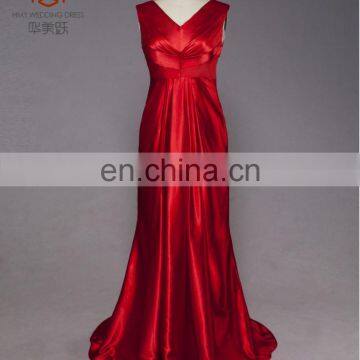 Shiney Satin Fabric Type ZZ-E0040 Sleeveless V Neck Ruffle Red Evening Gown For Lady