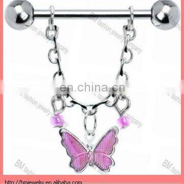 dangling butterfly nipple ring piercing jewelry in stainless steel with bar