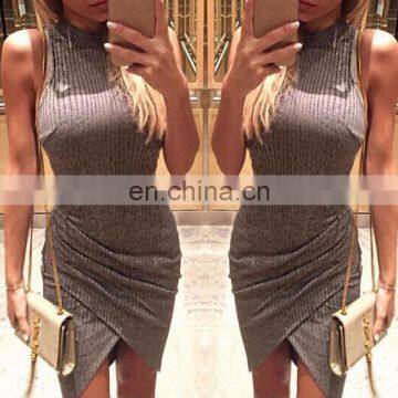 MIKA72351 Elegant Gray Sleeveless Knitted Casual Dress Women Evening Party Bodycon Dress GirlsLadies Spring Short Pencil Vestido