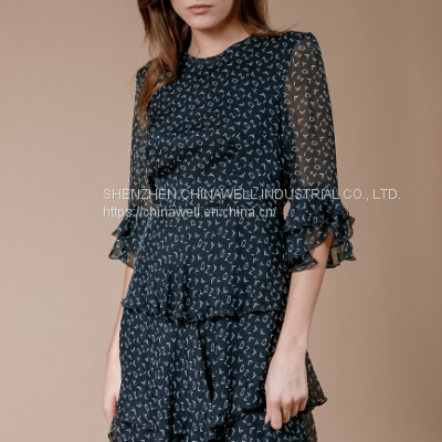 Ladies' 100%silk Chiffon Short Sleeve Ruffler Edge Print Dress photo-3