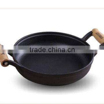 FDA approved round two wooden handles cast iron pre-seasoned frying pan