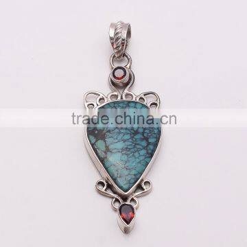 TURQUOISE AND GARNET PENDANT 925 Sterling Silver Pendant, SILVER JEWELRY EXPORTER,SILVER JEWELRY WHOLESALE,SILVER EXPORTER