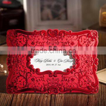 Classical & festive red embossed pattern wedding invitation with laser cut frame for wedding