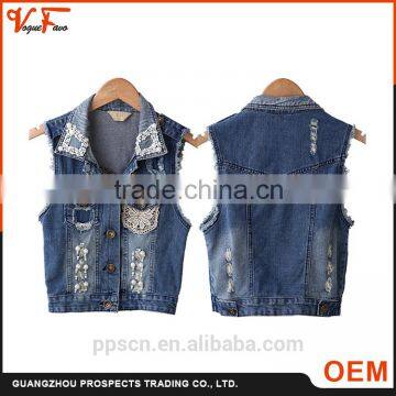 Wholesale bleach basic style denim women's jacket with studs and laces