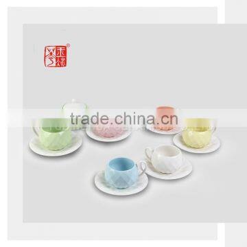 Factory Direct Coffee Ceramic Cup and Saucer Set with Diamond Shape