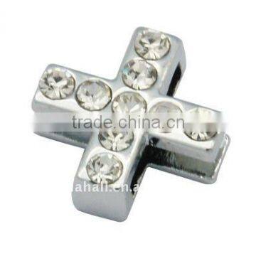 Alloy Slide Charms, with Rhinestone, Cross, Nickel Color, 10x10x4mm, hole: 7.5x1mm(ALRI-H091-1)