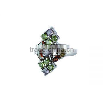 925 Sterling Silver Citrine Peridot Amethyst Garnet Gemstone Cluster Ring Jewelry