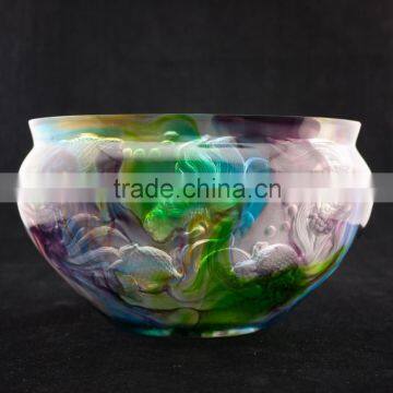 lead crystal colorful engraved fish bowl as fengshui items for business celebration