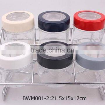 6pcs Glass Spice Jar Set With Plastic Lid in a Metal Rack