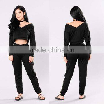 high quality sweat suits Long Sleeve Off the Shoulder V Neckline Casual Top & Joggers 2 piece latest design Women suit