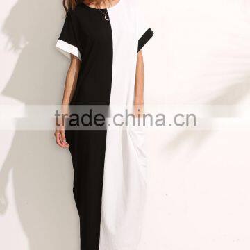 Colorblock Pocket Short Sleeve Maxi Dress 100% Cotton Two Color Contrast Sewing Casual Tee Dress photo-3