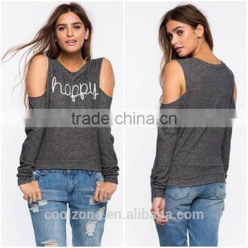 Sexy cold-shoulder graphic print crewneck sweatshirt womens clothing fall 2015