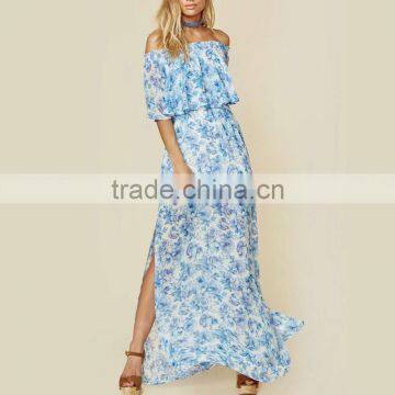 Peony Blue Floral Mumu Dresses 2018 Womans off Shoulder Maxi Dress photo-5