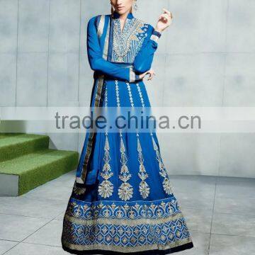 Blue color with Maize color embroidery border at bottom and crepers all over Anarkali Designer Semi Stitch Salwar Kameez