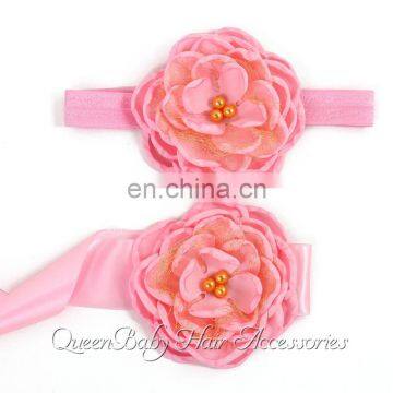 Satin Flower Sash Matching Baby Headband Gold Layered Flower Sash Belt Flowergirl Headband photo-3